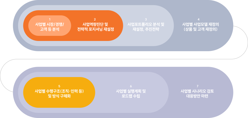 1. 사업별 시장/경쟁/고객 등 분석 2. 사업역량진단 및 전략적 포지셔닝 재설정 3. 사업포트폴리오 분석 및 재성정, 추진전략 4. 사업별 사업모델 재정의(상품 및 고객 재정의) 5. 사업별 수행구조(조직, 인력 등) 및 방식 구체화 6. 사업별 실행계획 및 로드맵 수립 7. 사업별 시나리오 검토 대응방안 마련